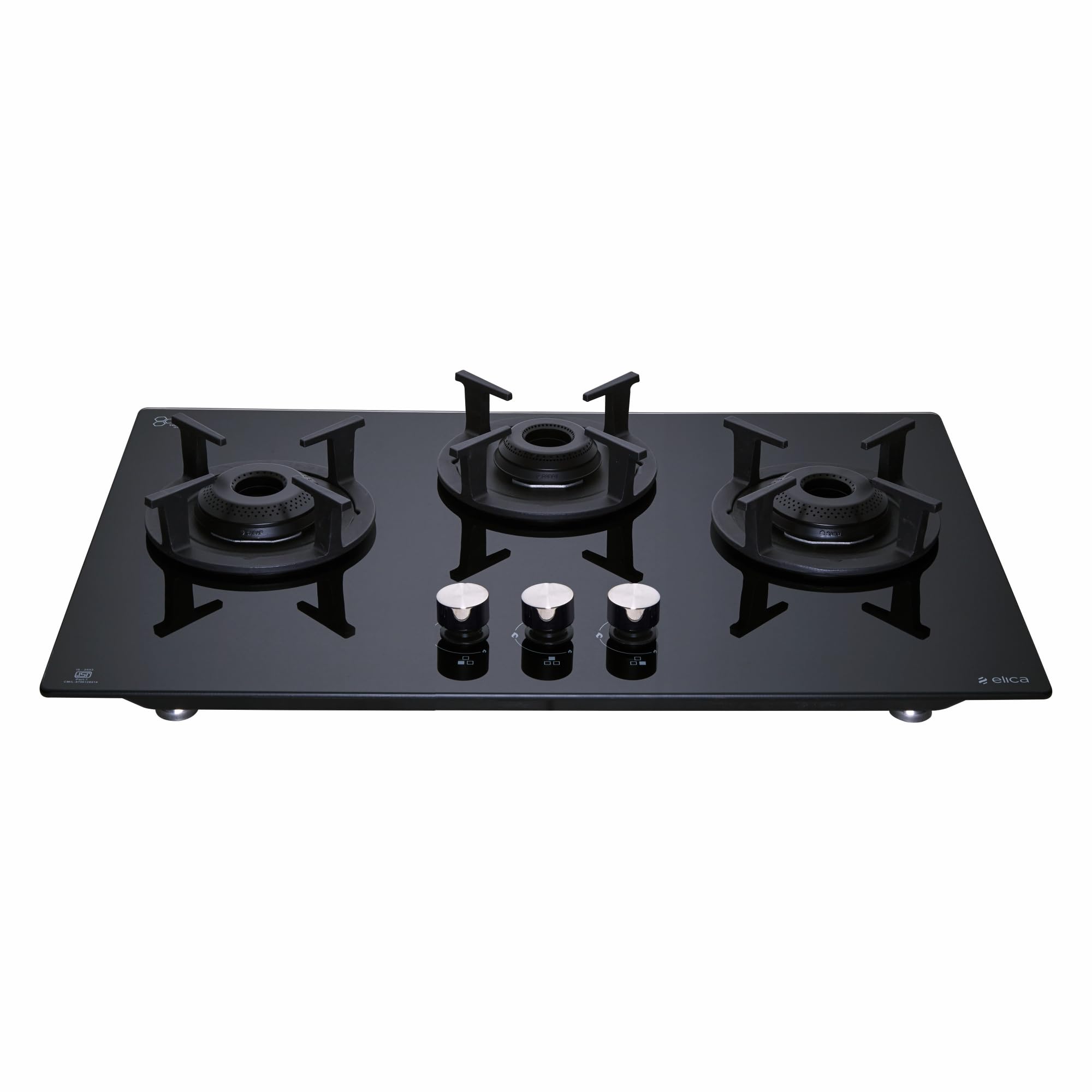 Elica 60cm 3 Burner Auto Ignition Hob | RG FLEXI 360 LOTUS IND HD Brass | SABAF Brass Burners | Built-in & Freestanding | Toughened Black Glass | 10-Year Burner & 5-Year Glass Warranty