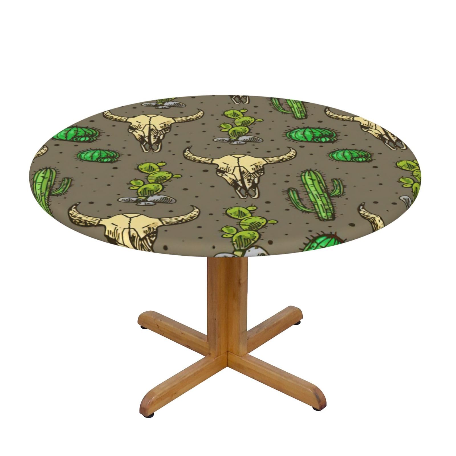 DUWAA Skull Of Bull And Cute Cactus Print Oxford Fitted Table Cover For Patio Picnic, Waterproof Round Tablecloth For Home And Outdoor