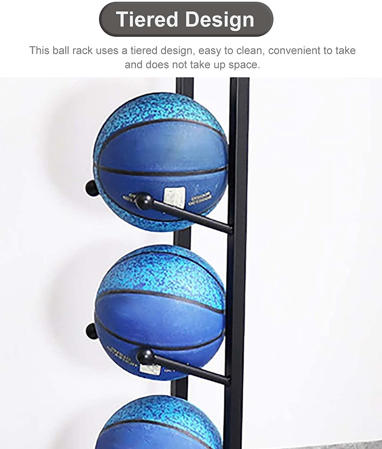 Ballaufbewahrung, Organizer, Ballregal, Garage, Basketball, Ballhalter, freistehend, Sportausrüstung, Organizer, Ständer, vertikaler Präsentationsständer für Volleybälle, Fußbälle (Schwarz, 4 Ebenen