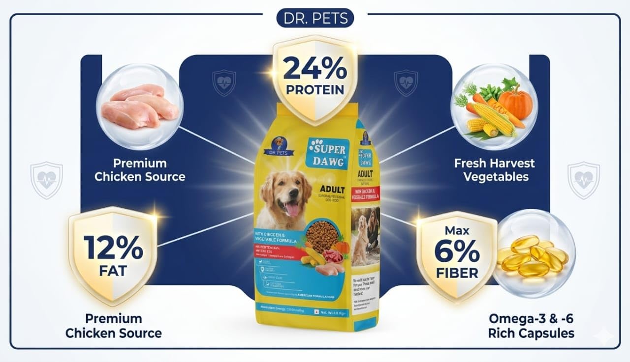 Dr. Pets 2.8 Kg Superdawg Adult Dry Dog Food Chicken & Vegetable | 24% Protein Complete Nutrition | Supports Digestion, Immunity & Coat Health