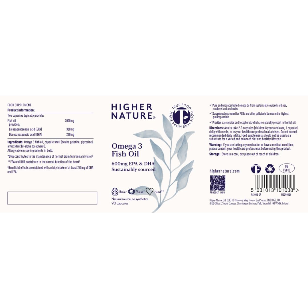 Higher Nature - Omega 3 1000mg Fish Oil Capsules - Eye Health & Brain - 180mg EPA - 120mg DHA - 90 Capsules