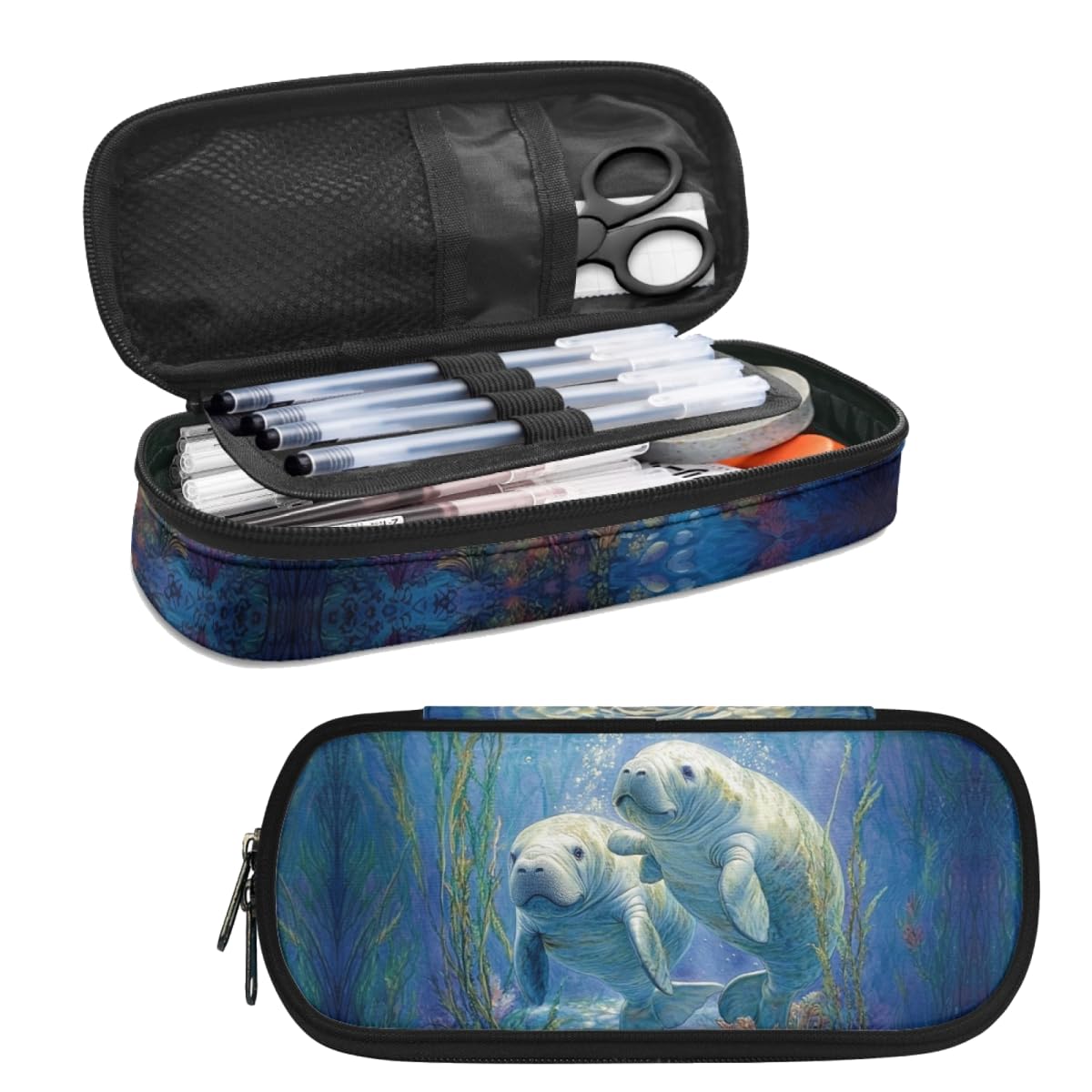 Guosanchn Manatee Pencil Box Blue Pencil Pouch Back to School Student Pencil Pen Case Girls Lightweight Pencilbox High Capacity Bag Pouch Holder Box