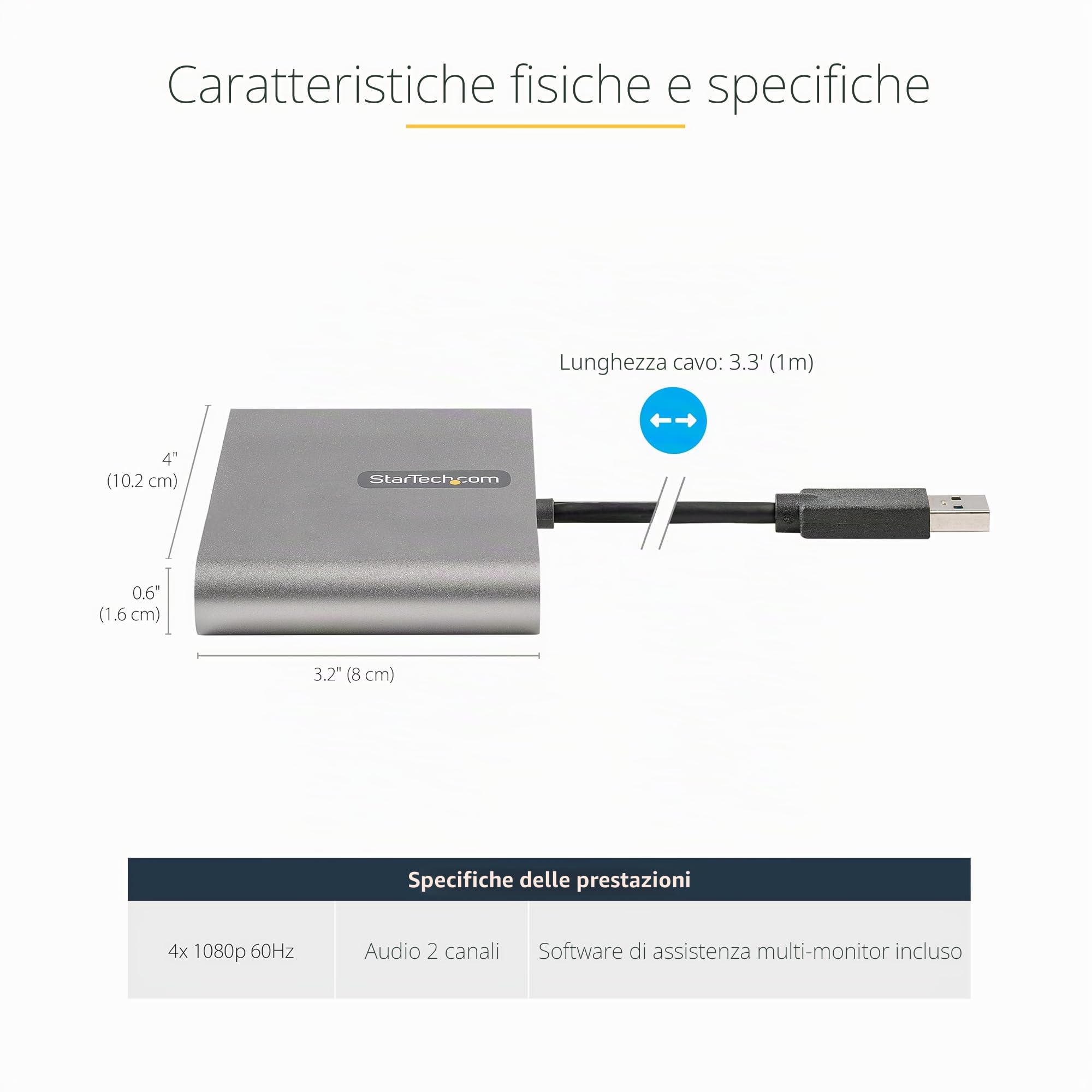 StarTech Adattatore USB 3.0 a 4 HDMI, Convertitore USB-A a 4 Monitor HDMI, Scheda Video Esterna, 4x 1080p 60Hz per Laptop e Desktop Windows, Bus Powered, TAA, Cavo da 1 m