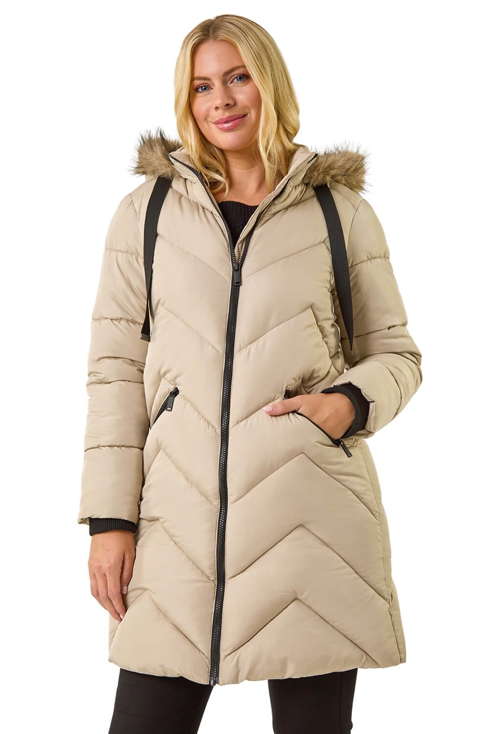 Roman Petite Contrast Zip Puffer Coat for Women UK - Ladies Everyday Autumn Winter Round Neckline Comfy Soft Evening Vacation Work Party Night Out - Petite Ivory - Size 18