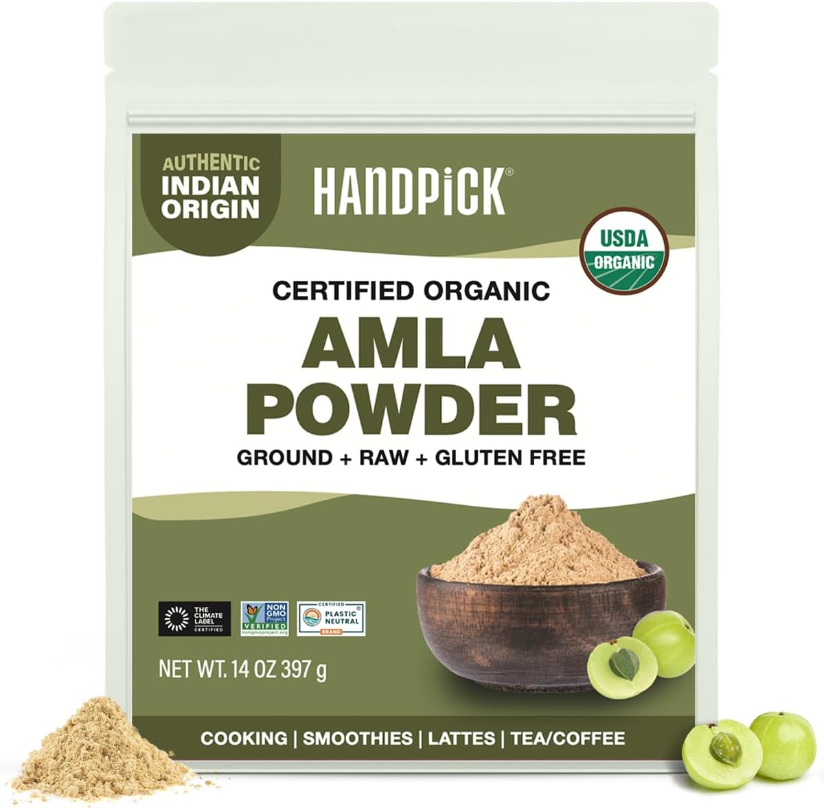 HANDPICK Organic Amla Powder (14oz) Amalaki, USDA Organic, Non-GMO | 100% Raw and Natural - Lab Tested for Purity | Indian Gooseberry Powder | Resealable Zip Lock Pouch