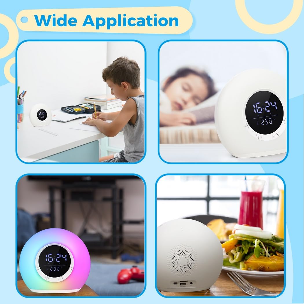Reloj despertador para niños, con luces RGB, brillo ajustable, altavoz, pantalla LED