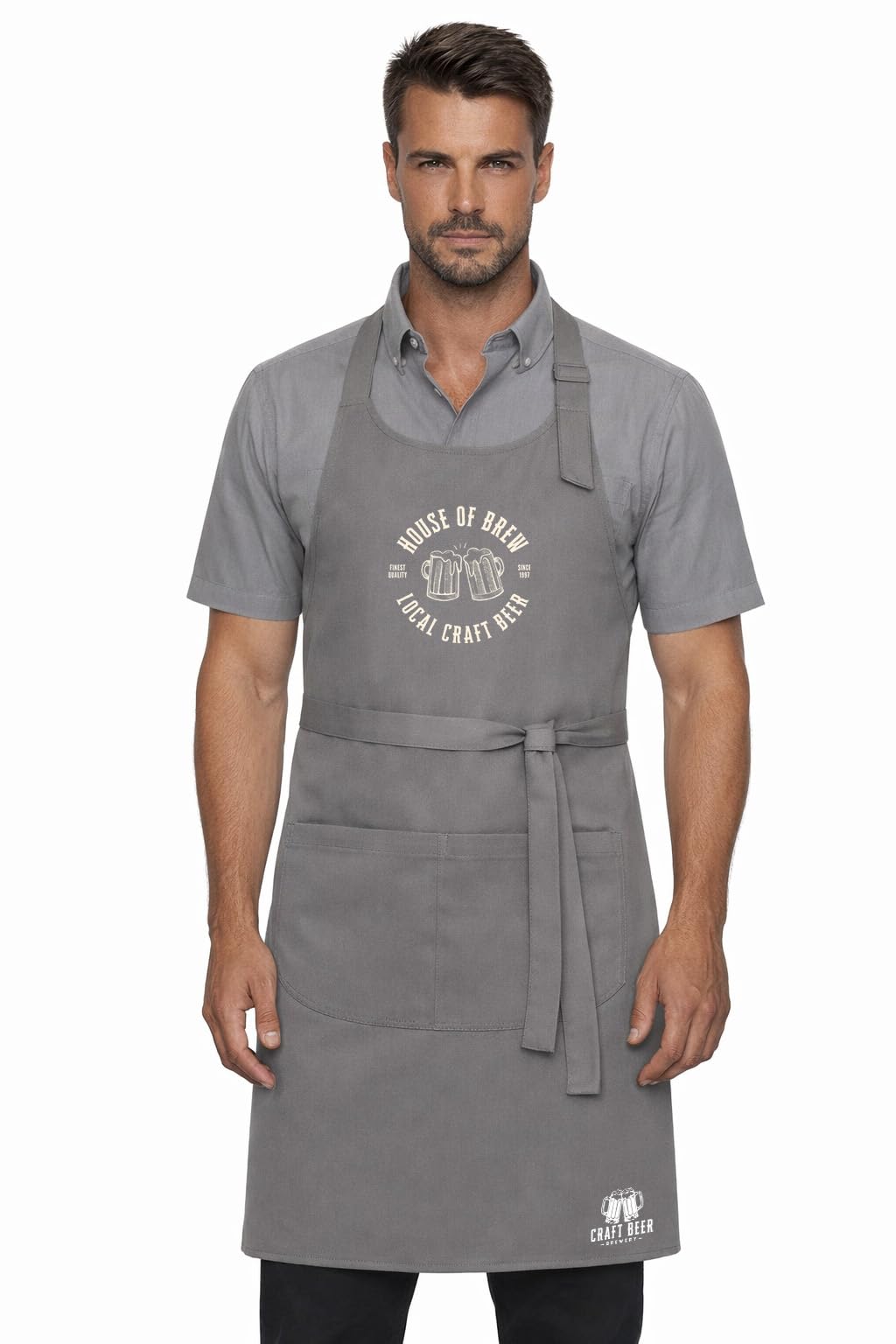 NXT-Horizon Custom Logo Apron, Personalised Restaurant & Catering Apron, Adjustable Neck Strap, Large Pocket, Cotton Twill Hospitality Uniform for Bar, Café, Brewery & Kitchen Staff (Stone)