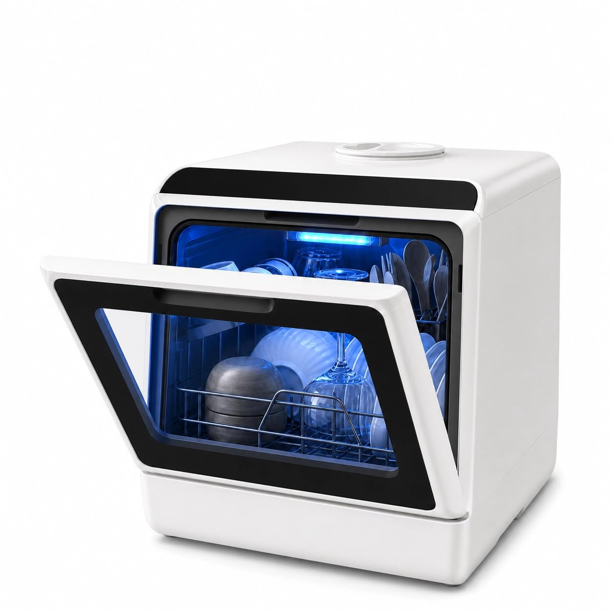 FOHERE Mini lavavajillas con depósito de 5 litros, función de temporizador, conexión de agua 2 en 1, 6 programas, pantalla LED, lavavajillas de mesa y mini lavaplatos para cocina, camping y