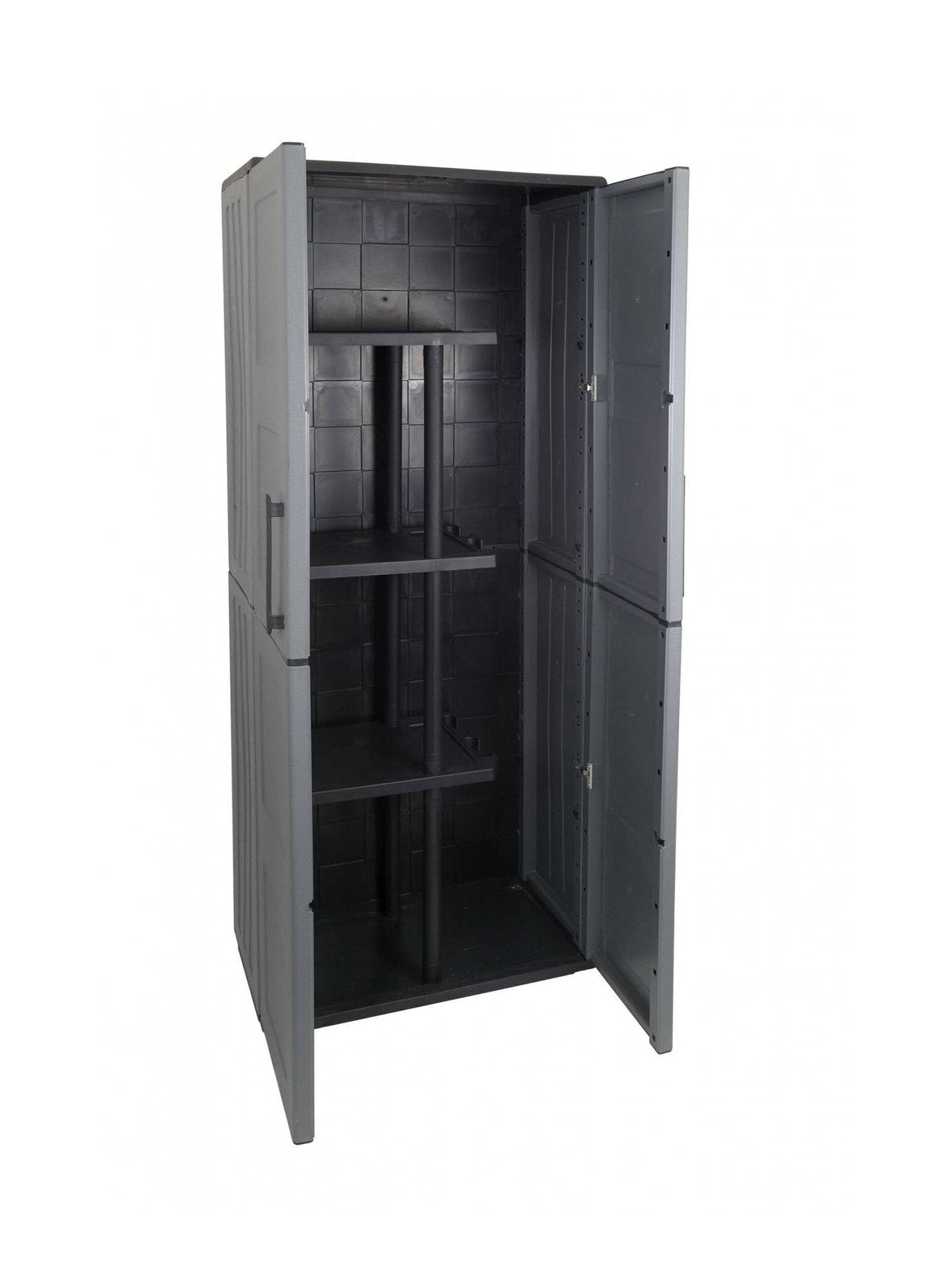 Dmora - Armoire d'extérieur Geel, Armoire porte-balai polyvalente, Armoire d'extérieur 2 portes, 100% Made in Italy, Finition damier, 68x37h163 cm, Gris et Noir