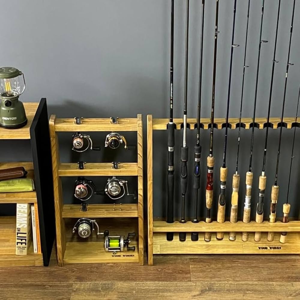 ロッドスタンド 10本 一体式リール&ルアースタンド 2段 国産ヒノキ製 完成品 ロッドスタンド 10本 国産ヒノキ製 リール&ルアースタンド一体式