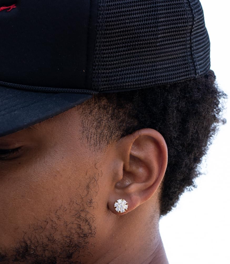 Trendy Flower Cluster Mens Women 14k Yellow Gold Plated 925 Sterling Silver Screw Back Post Hip Hop Round Shape Iced 5A CZ Circle Earrings Jewelry Gifts For Men Women - Image 3