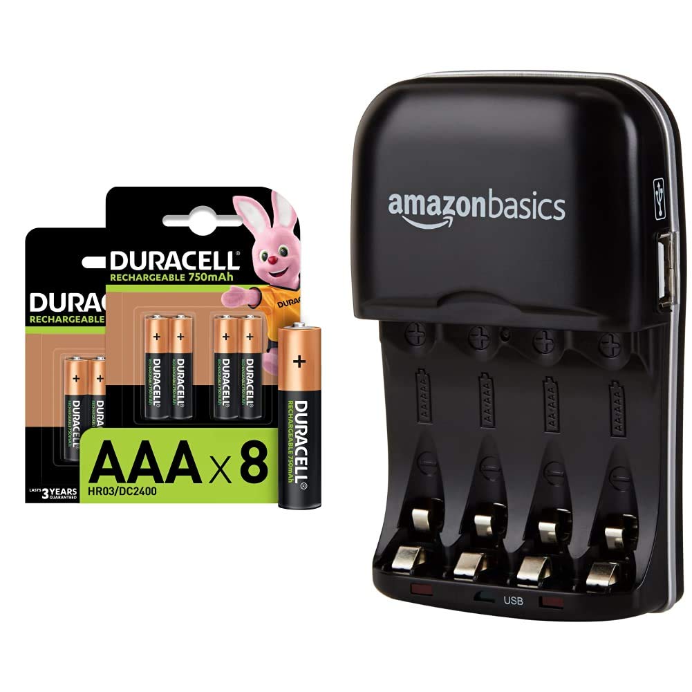 Duracell Rechargeable AAA 750 mAh Batteries, Pack of 8 (Amazon Exclusive) & Amazon Basics Ni-MH AA & AAA Battery Charger With USB Port