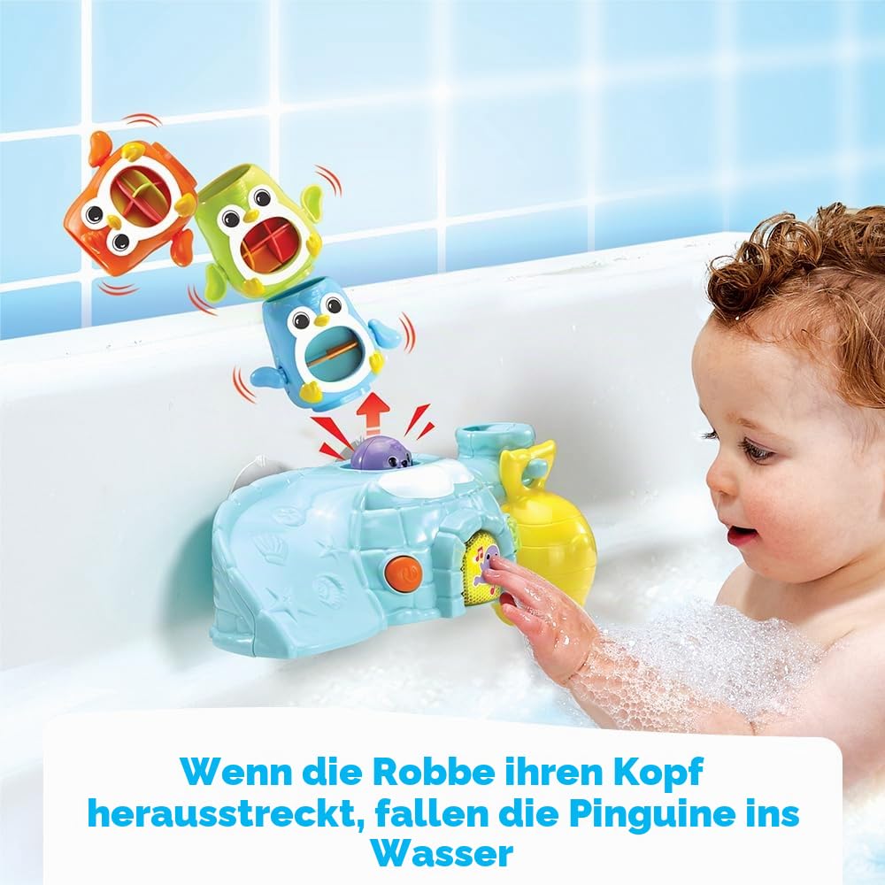 VTech - 1, 2, 3 Empilo Pinguine, Badespielzeug zum Stapeln für Babys, interaktives und musikalisches Igloo mit Trio von Pinguinen und 2 Saugnäpfen zur Befestigung, Geschenk für Kinder ab 1 Jahr –
