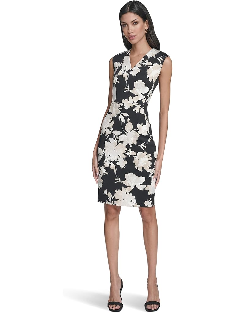 Black Calvin Klein Sleeveless Scuba Floral Sheath