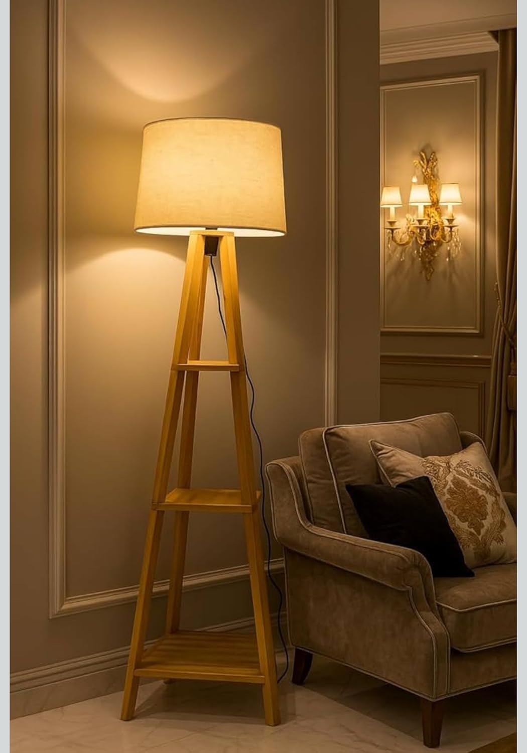LAMPY Craft Wooden Floor lamp for Living Room Brown Polish Floor lamp with Beige lamp Shade (1)-picture-13