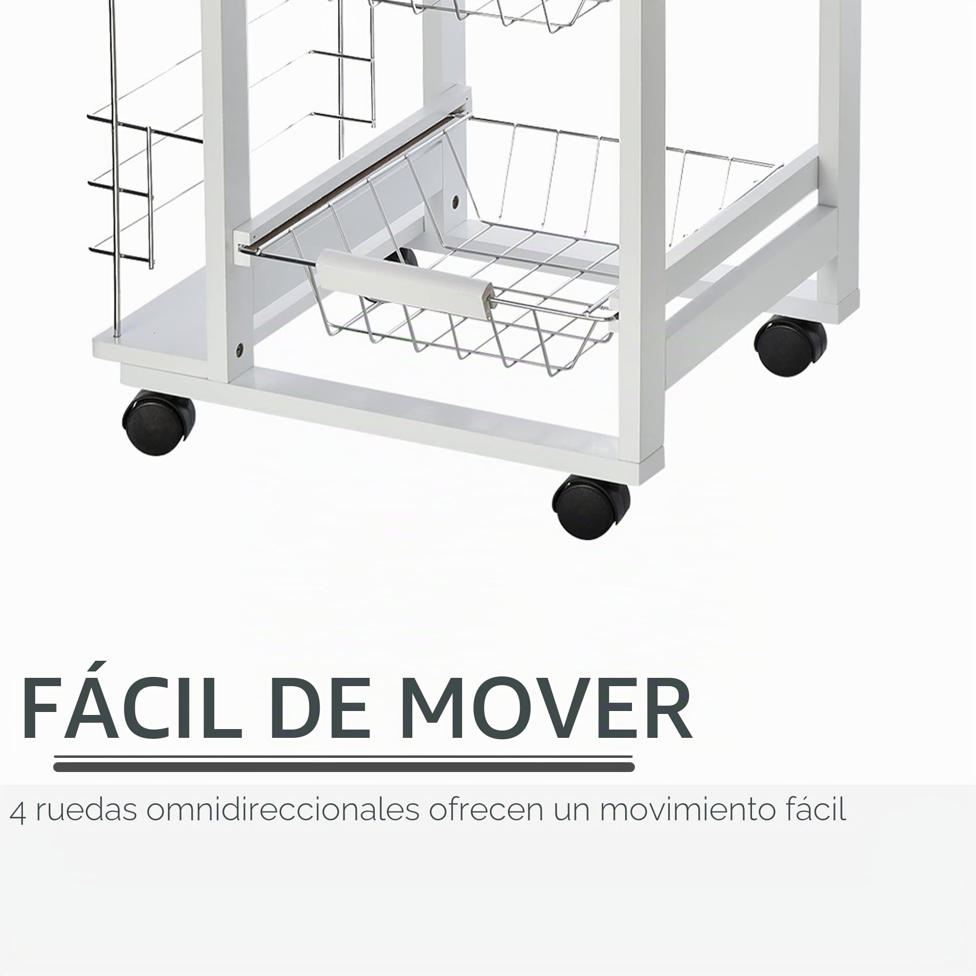 HOMCOM Carro de Servicio de Cocina con Ruedas Madera Pin Blanco | Multialmacenamiento, 3 cestas de metal, cajón, 2 botellas