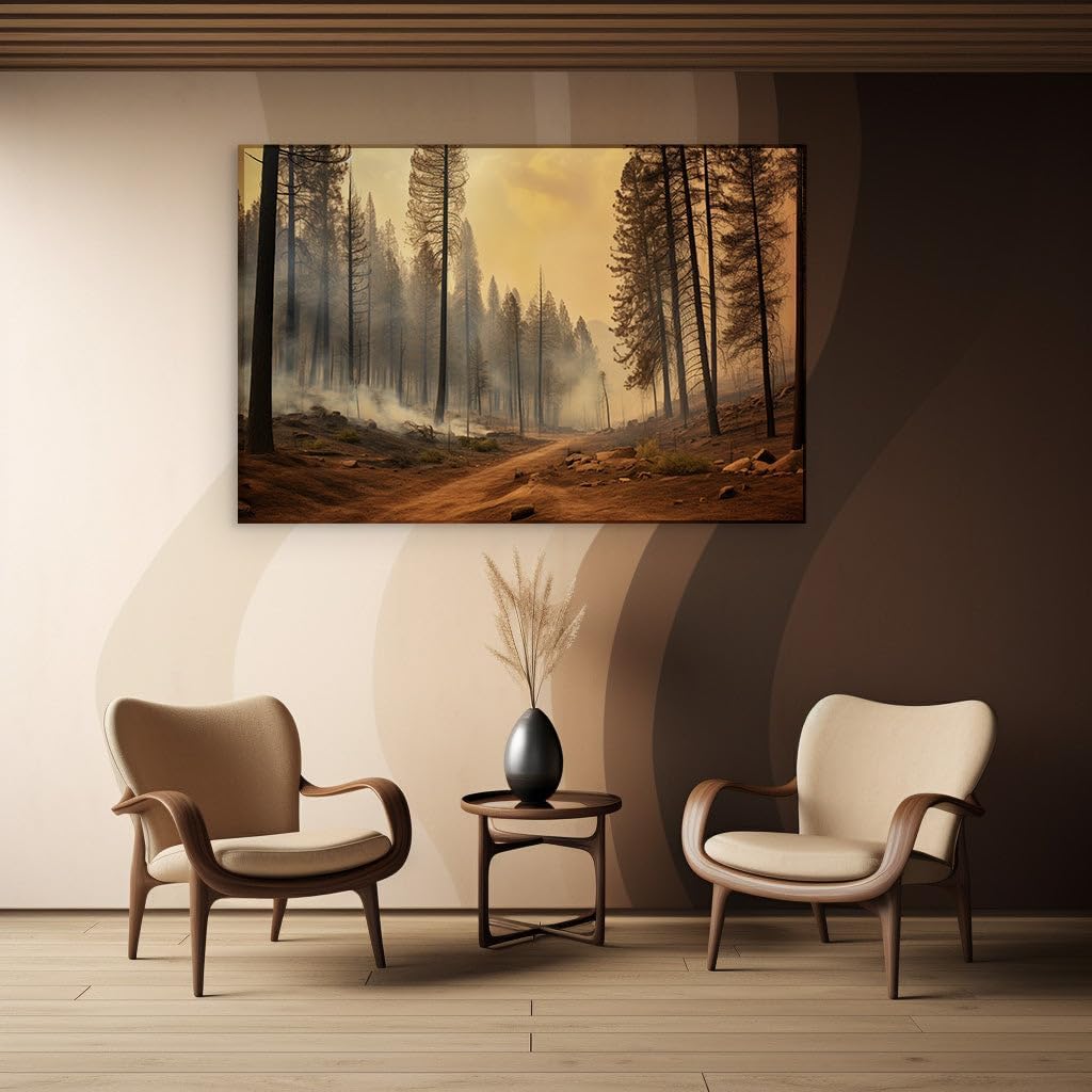 Canvas for Living room. Wildfire's Embrace: When Forest Flames Rise and Trees Whisper in Smoke, 27 x 18 inch Canvas Wall Art - Surrealistic Visions - Modern Home Decor