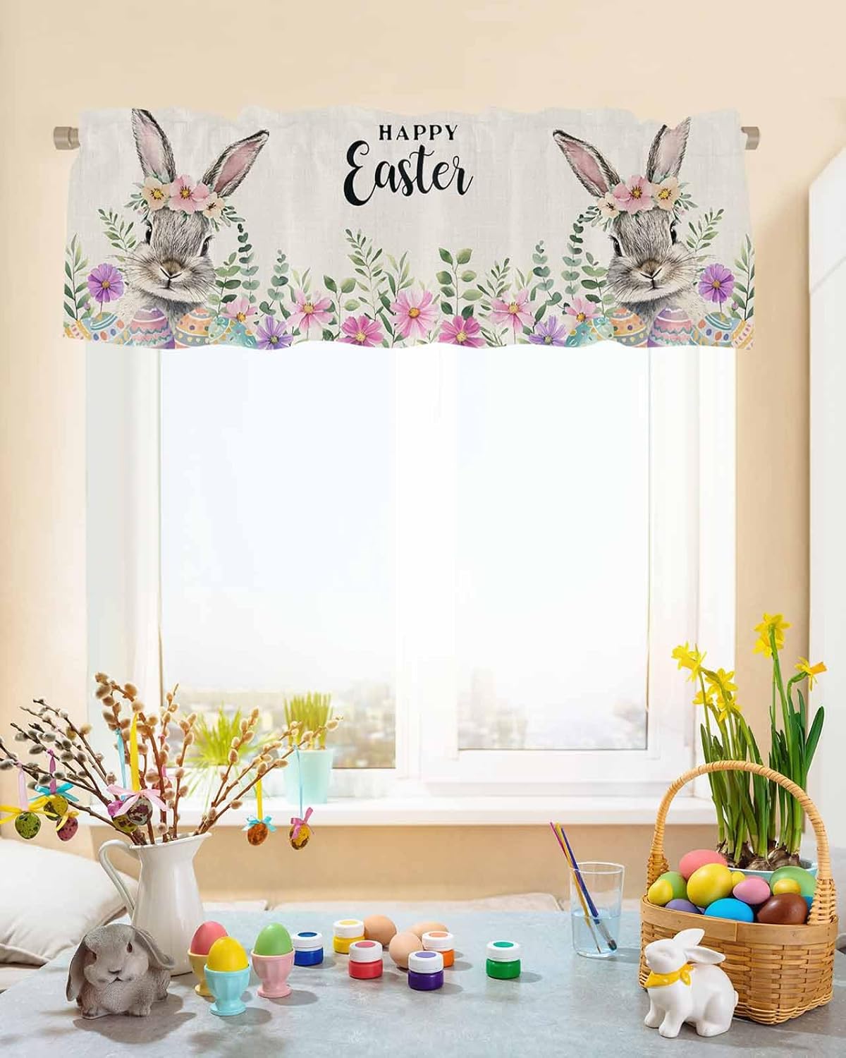 Happy Easter Valances for Windows/Bedroom/Living Room/Kitchen/Cafe, Flower Wreath Rabbit Flowers Eggs Easter Semi Sheer Small Curtain Valance Rod Pocket Light Filtering Window Treatment, 60" x 18"