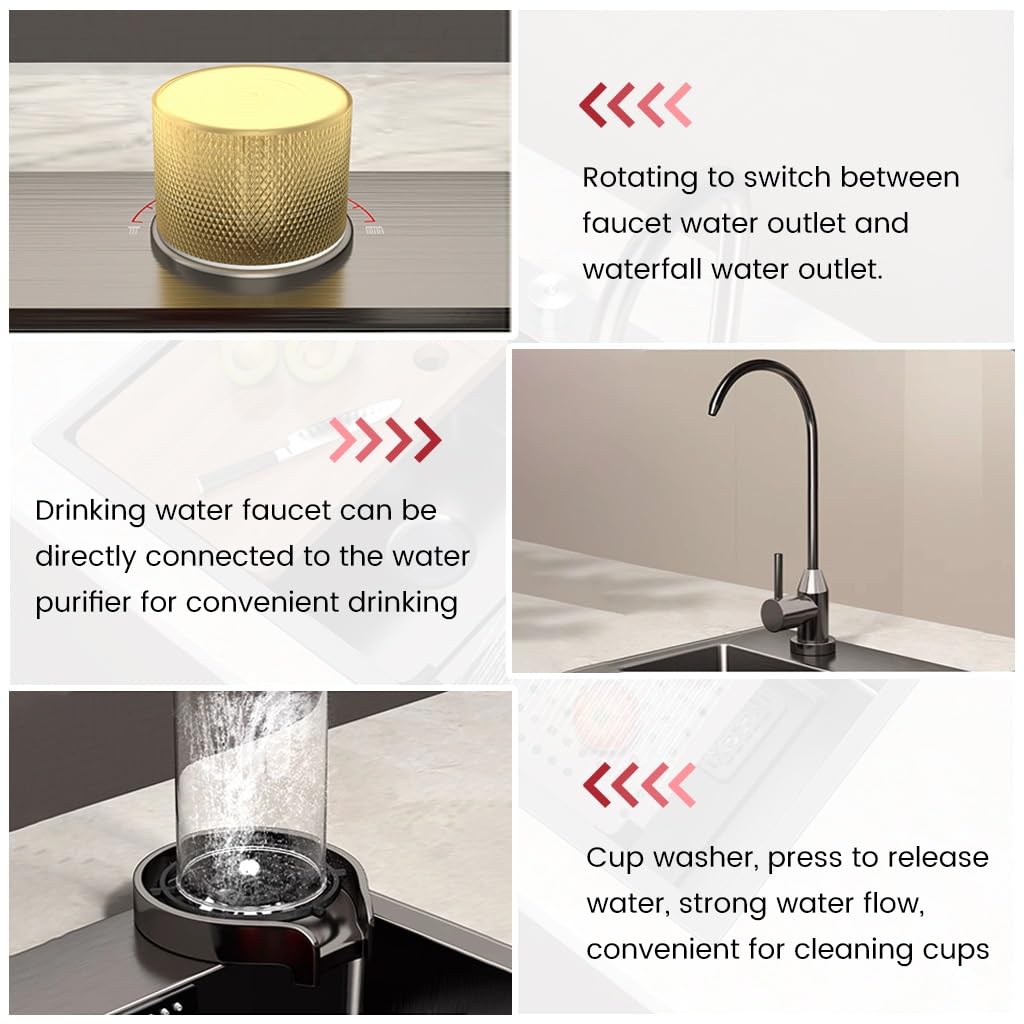 Fregadero de Cocina Black Waterfall, Fregadero de Acero Inoxidable con Grifo extraíble, lavavasos, Kit de desagüe, Fregadero de Barra Grande de un Solo Seno para instalación empotr