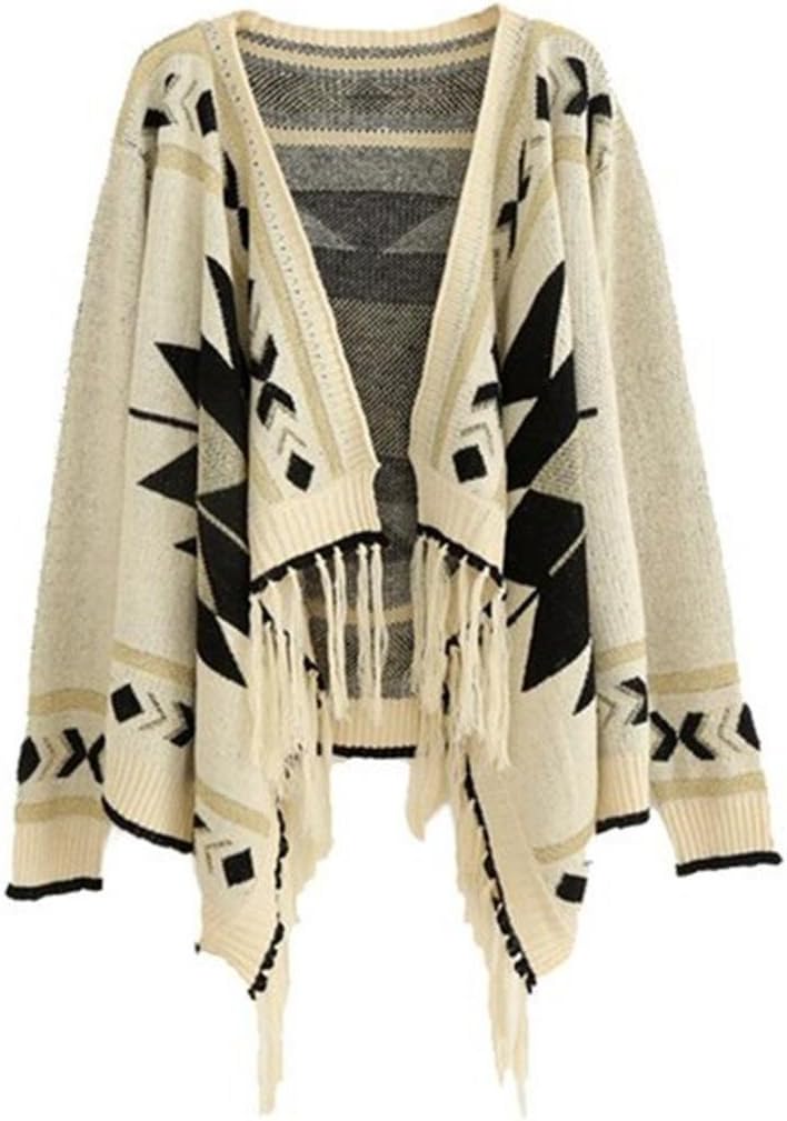 Tailloday Women's Aztec Tribal Geometric Patterns Tassels Cardigan Knit Sweater Beige