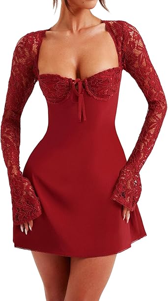 Amazon.com: Women Y2K Lace Dress Lace Patchwork Long Sleeve