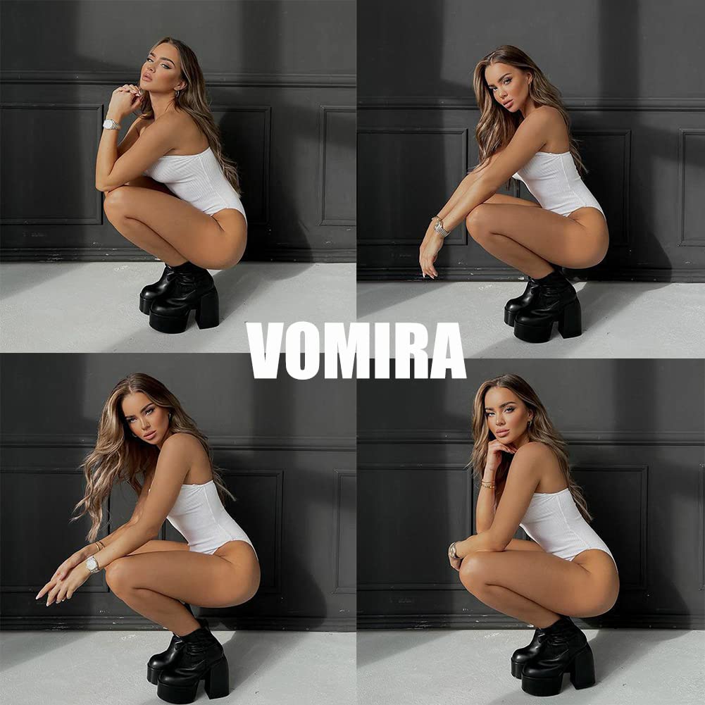 VOMIRA Ankle Boots for Women Chunky High Heel Sqaure Toe Side Zipper Pu Leather Stretch Boots Platform GoGo boots