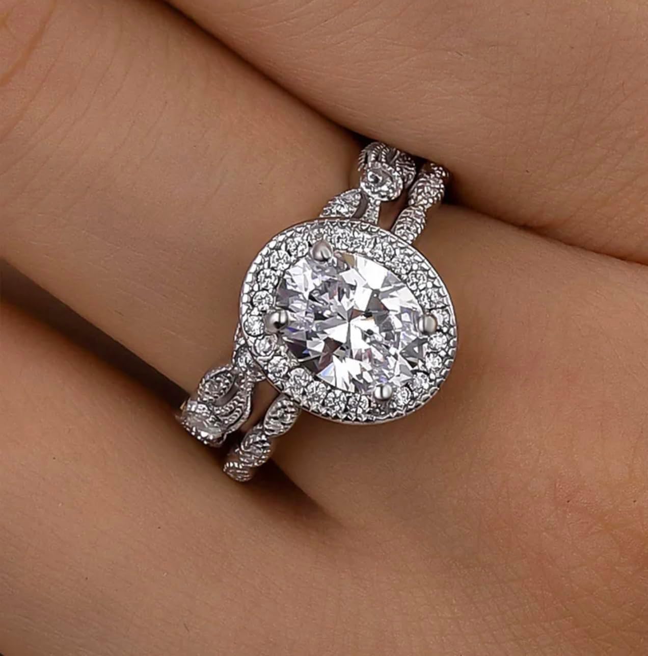 ENDLESSNESS & ETERNITY 2 Bridal Set Wedding Band Ring Vintage leaf & Vine Halo Oval Cut CZs Half Eternity Band Ring 14K Gold Plated Engagement Bridal Ring Statement Ring