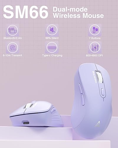 Miniatura 10 de SM66 - Ratón inalámbrico silencioso de modo dual con Bluetooth2.4GHz, ajustable 4200 DPI, mouse inalámbrico recargable para PC, Mac, laptop,