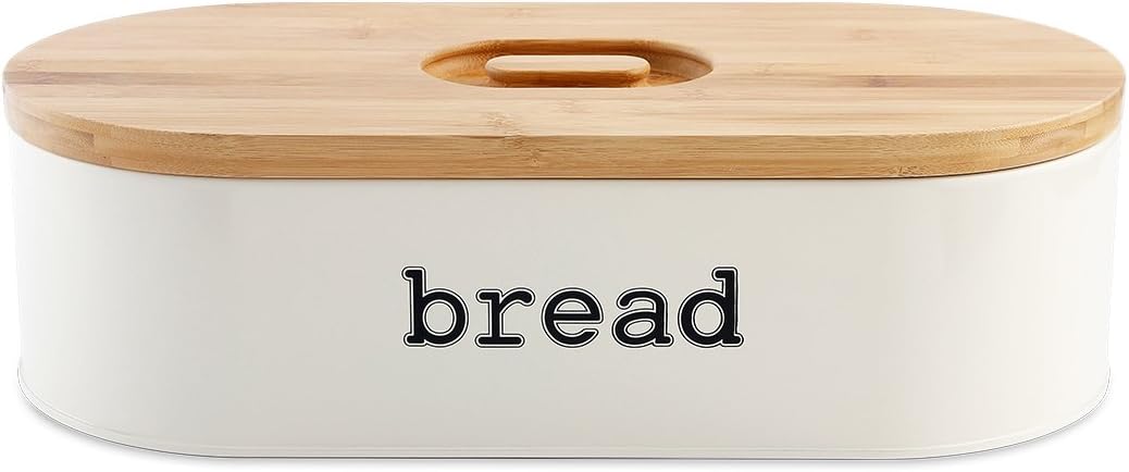 Homelet Bread Box - Vintage Retro Stainless Steel Powder Coated Bread Bin Storage with Bamboo Cutting Board Lid for Kitchen, Cream