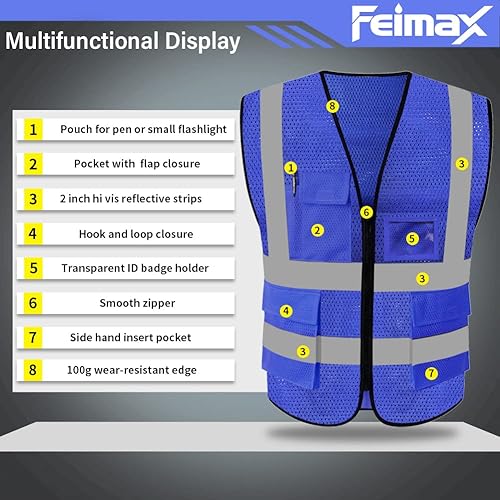 Miniatura 2 de FEimaX Chaleco de seguridad de alta visibilidad, chaleco de trabajo reflectante de malla para hombres y mujeres con bolsillos y cremallera, cumple