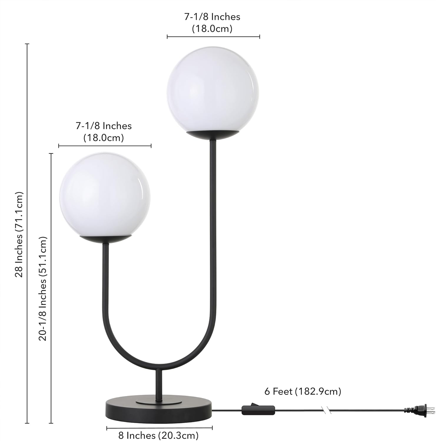 Henn&Hart 28" Mid-Century Modern 2-Light U-Shaped Table Lamp with White Milk Glass Globe Shade for Living Room, Bedroom, or Office, Black