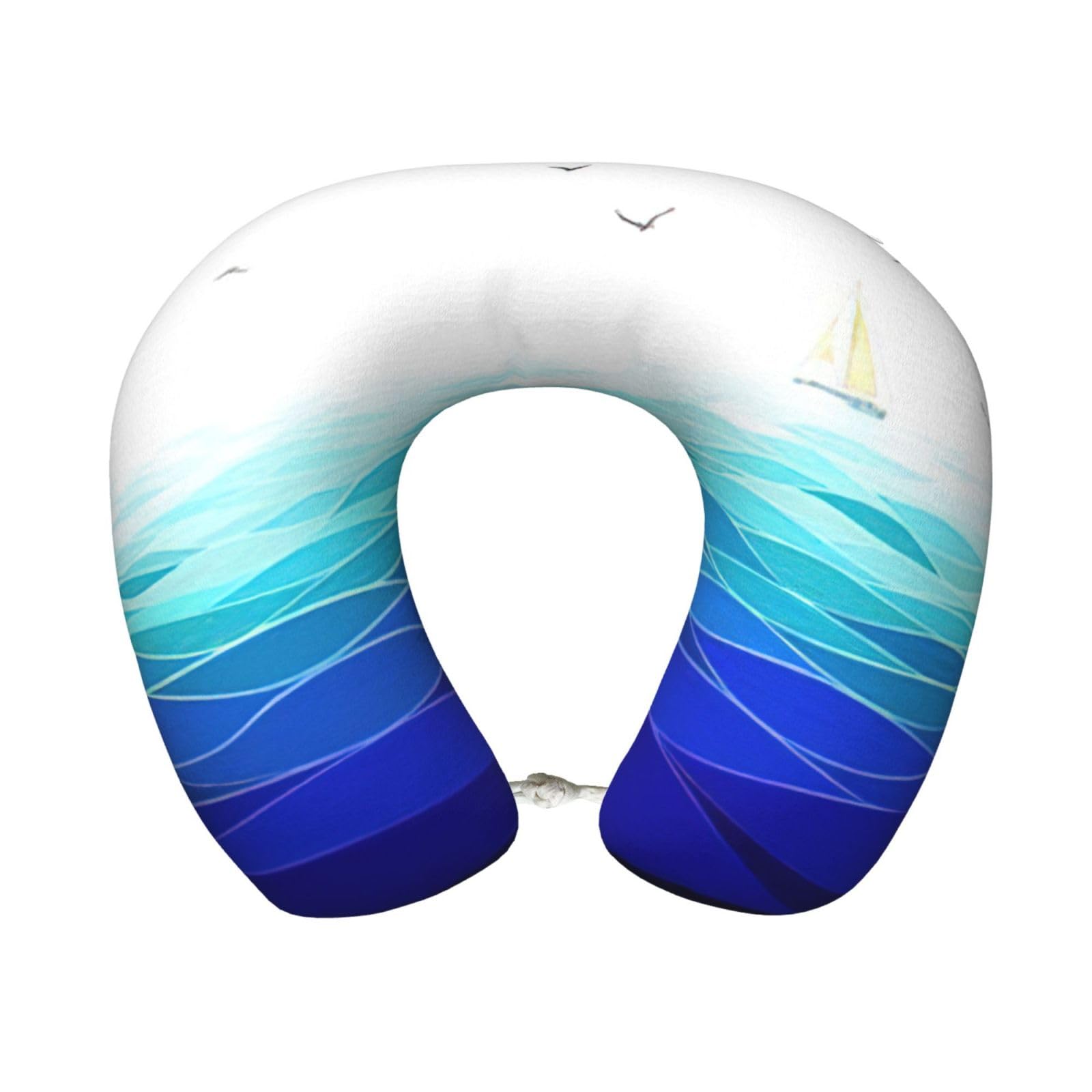 ASFgda U-Shape Memory Foam Ocean Waves Sailboat With Birds Maritime Print Travel Pillow,Neck Support,Washable Cover For Airplane Car Home Office