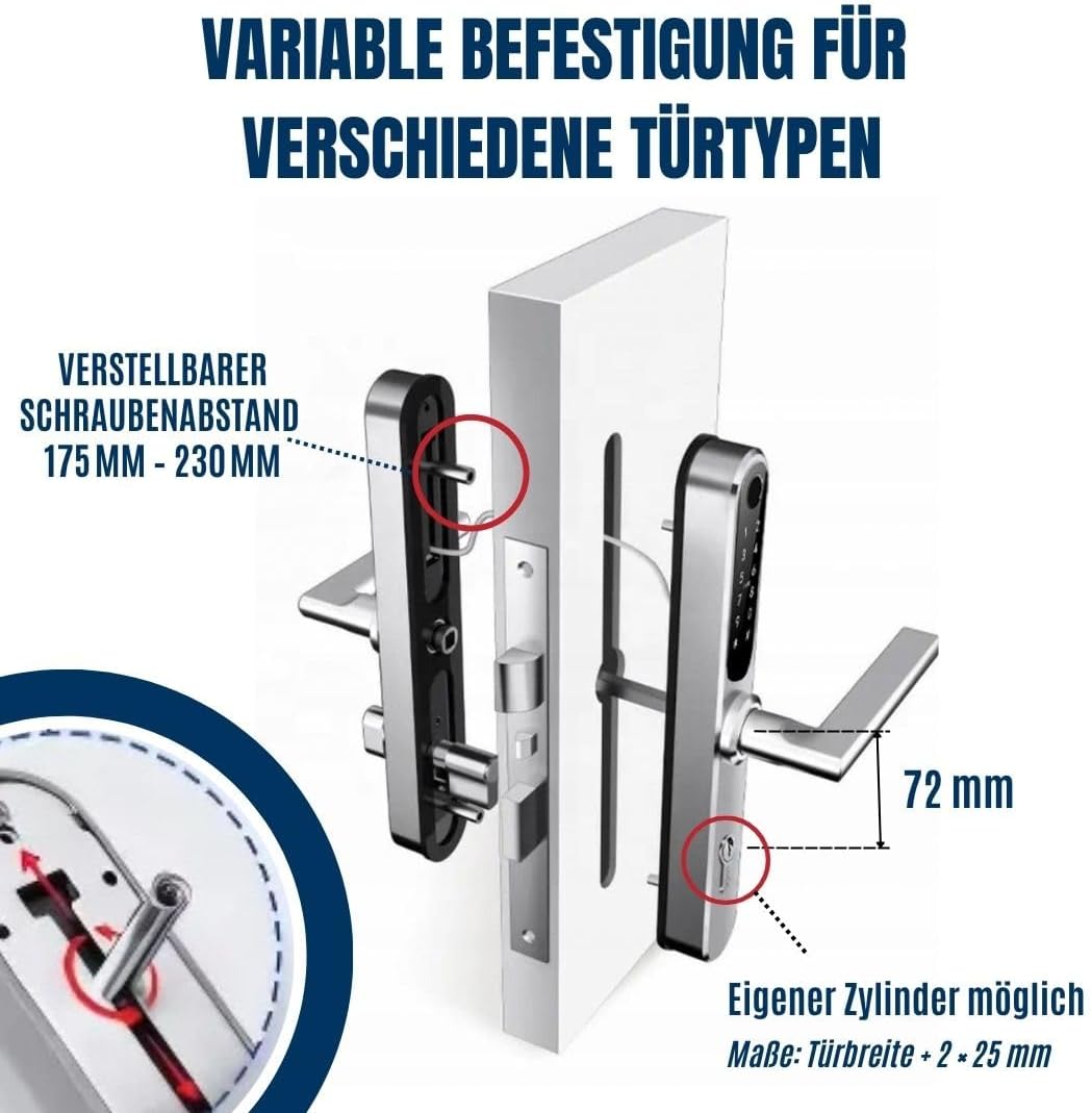 Diagram showing variable mounting for the BoT Smart Lock H1 on different door types, highlighting adjustable screw distance and cylinder compatibility.