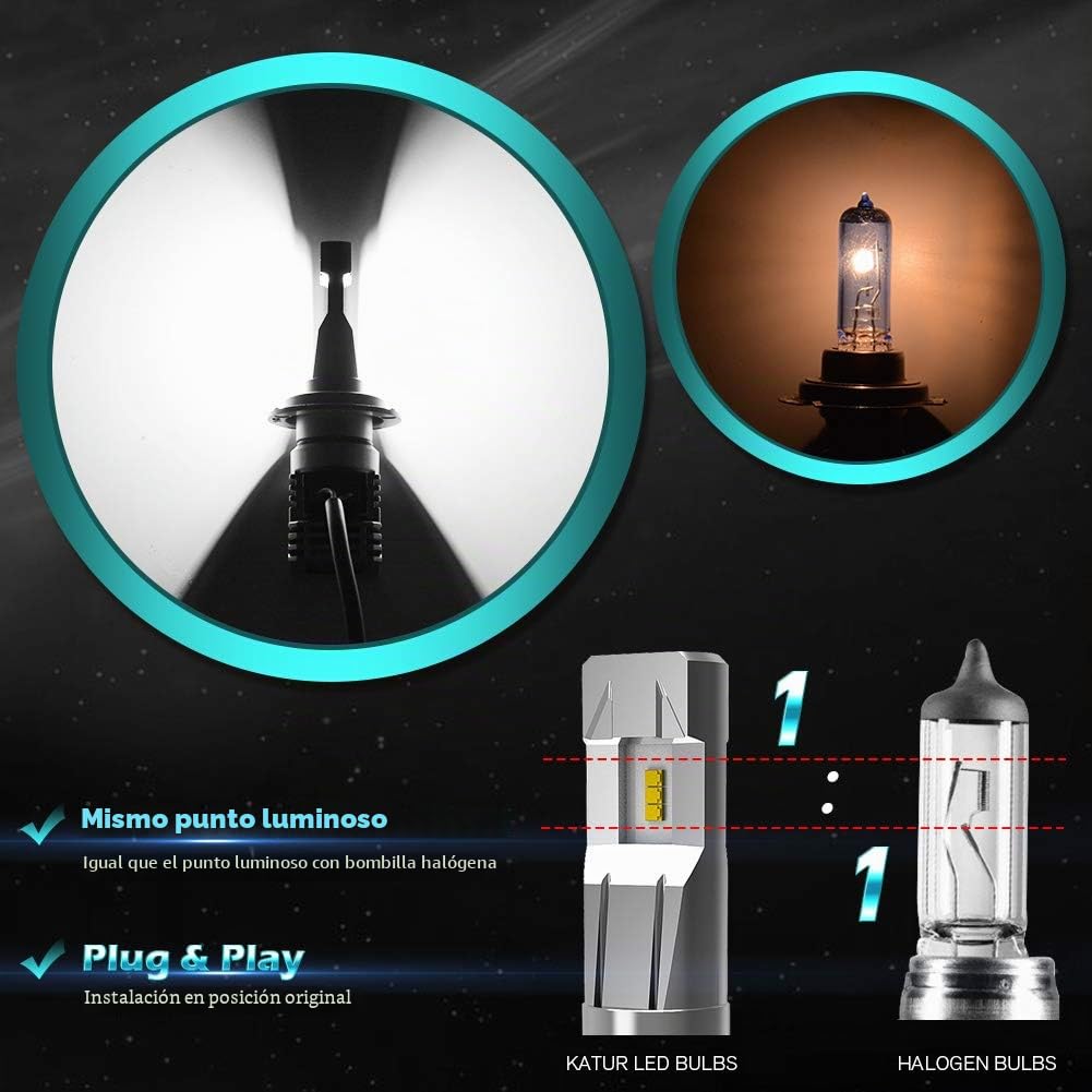 KATUR H7 Bombillas led Faros Extremadamente Brillantes 10000LM Chips ZES 1: 1 Diseño Kit de conversión de Faros Todo en uno de Alta Potencia 55W 6500K Xenón Blanco-2 años de garantía
