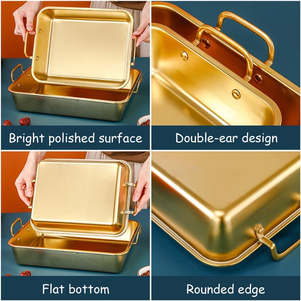 Rectangle Stainless Steel Paella Pan, Deep Seafood Pan with Double Handles Nonstick Serving Skillet Pot Uncoated Roasting Pans for Home Kitchen Cookware, Dishwasher Safe,Gold,12inch