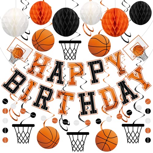 Pre-strung Basketball Birthday Party Decorations Basketball Happy Birthday Banner Basketballs Hoops Hanging Swirls with Honeycomb Balls Circle Dots Garland for Boys Men Sports Theme Party Decor