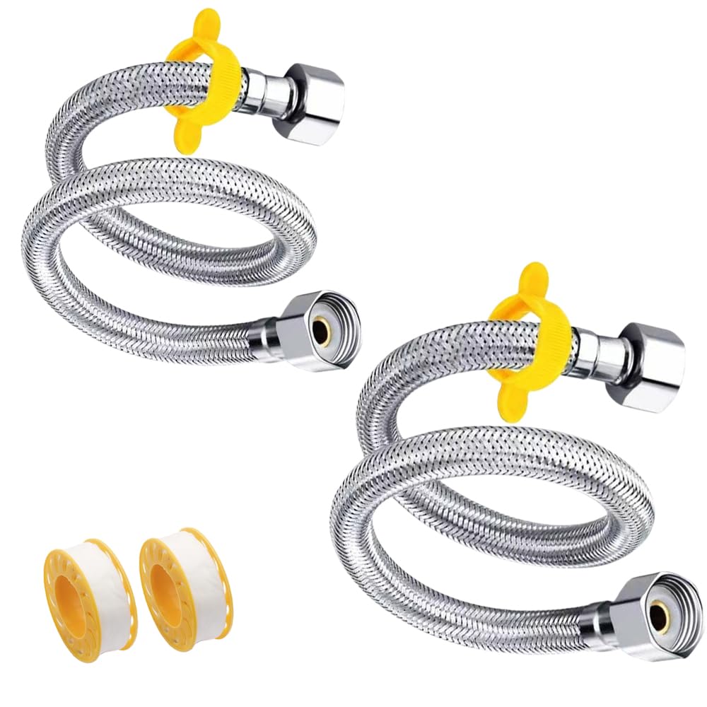 Pack of 2, 1/2" x 1/2" BSP Stainless Steel Braided Flexible Hose with Stainless Steel Caps, 40 cm (15.75 in) for Toilet, Bathroom, Kitchen Sink Taps Connector
