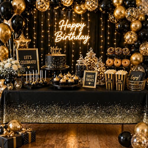 Image of Blue Orchards Black Gold Tablecover (Pack of 3) 108 inch x 54 inch - Elegant Party Decoration, Backdrop, Accent, Black and Gold Glitter Tablecloth for Parties, Birthday, Graduation, Wedding & Events