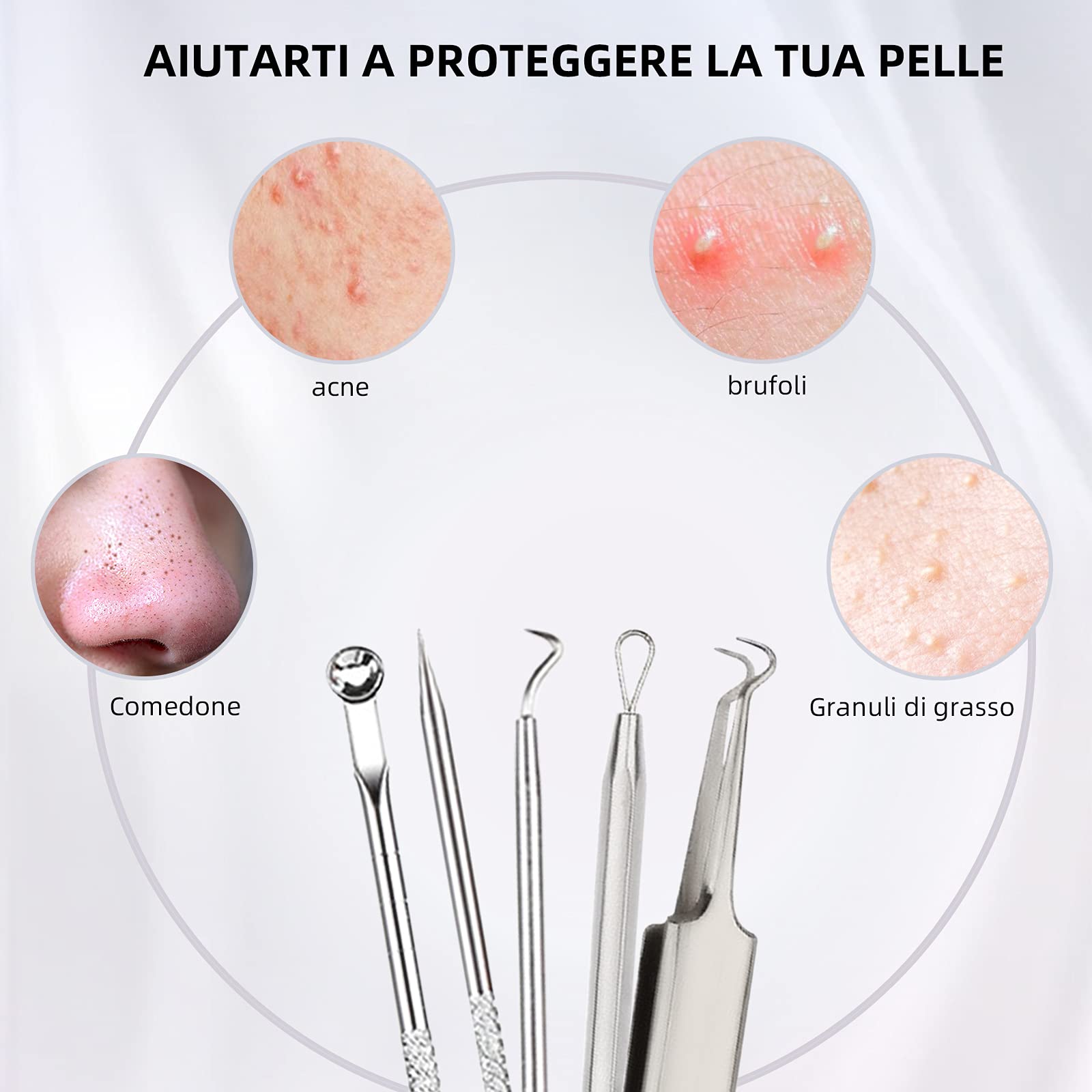 Kit di Strumenti Rimozione Punti Neri 5 Pezzi, Blackhead Estrattore Ago Acne in Acciaio Inossidabile con Scatola, per il Trattamento e la Togli di Comedoni sul Naso o Viso