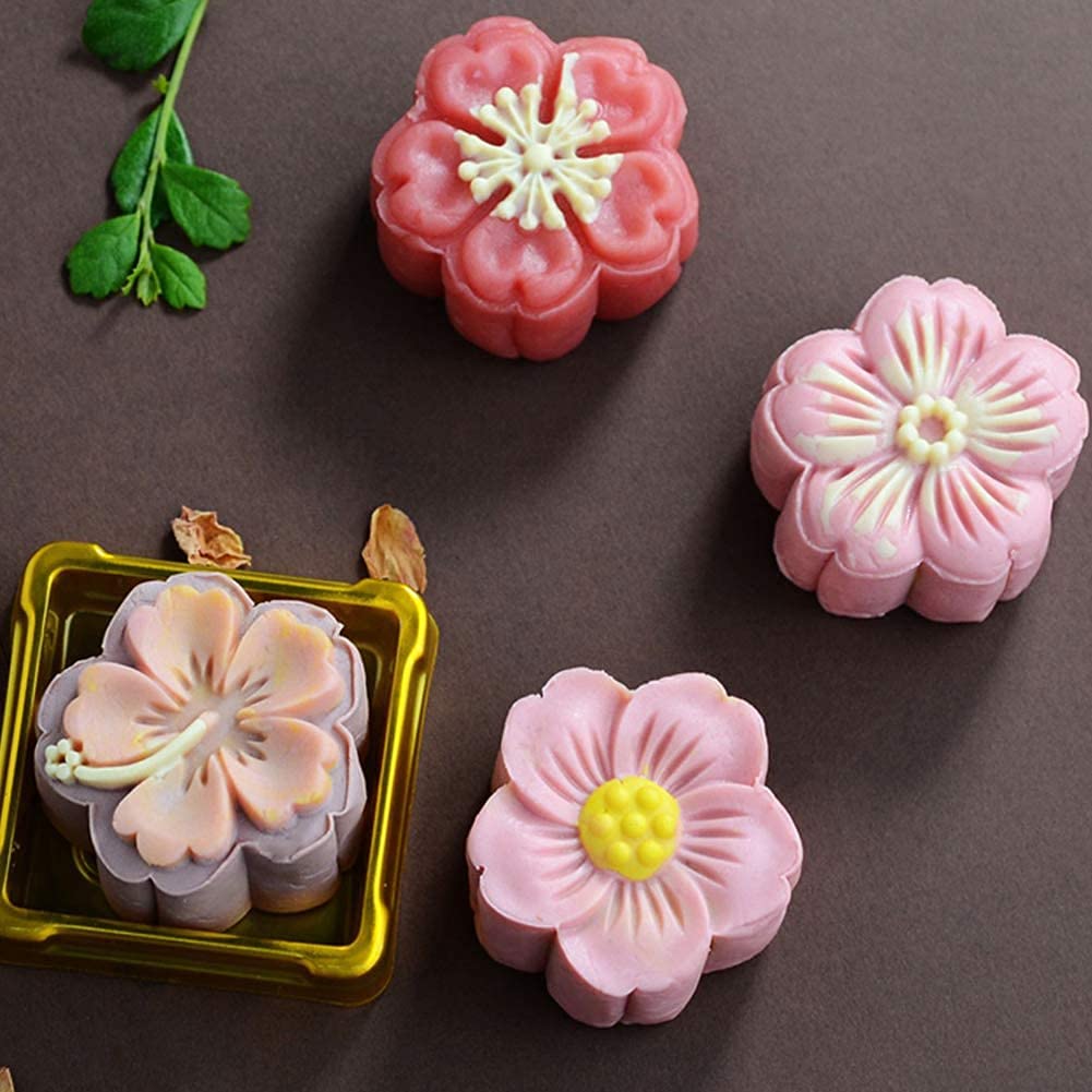 ToYooZe Moon Cake Mold 4 Pcs, Mid Autumn Festival DIY Hand Press Cookie Stamps Pastry Tool Moon Cake Maker, Flower Mode Patterns 1 Mold 4 Stamps 50g (White) 1
