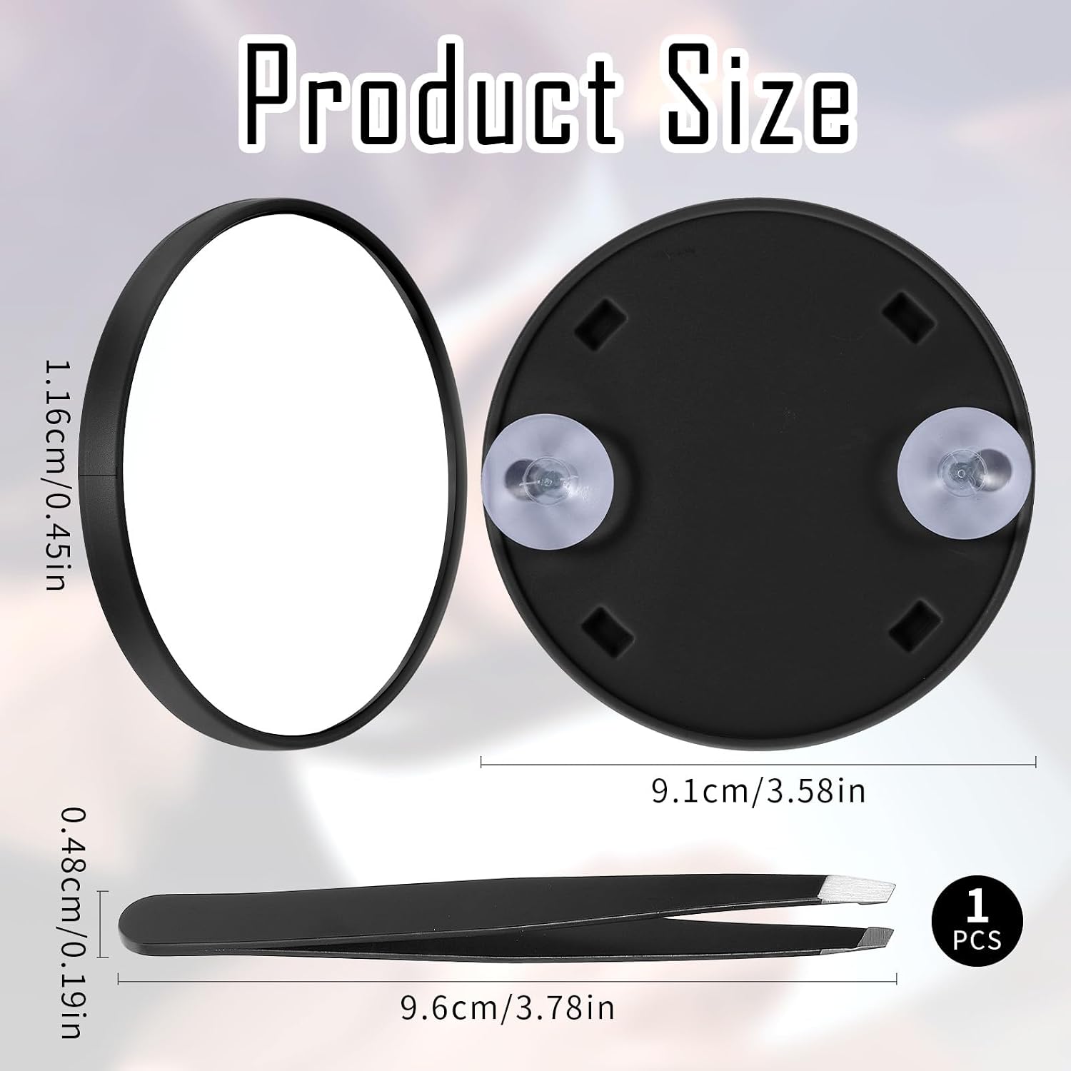 JIEYAO 5X Compact Travel Magnifying Mirror with 2 Suction Cups, 3.6'' Handheld Pocket Mirror with Tweezer (Black)