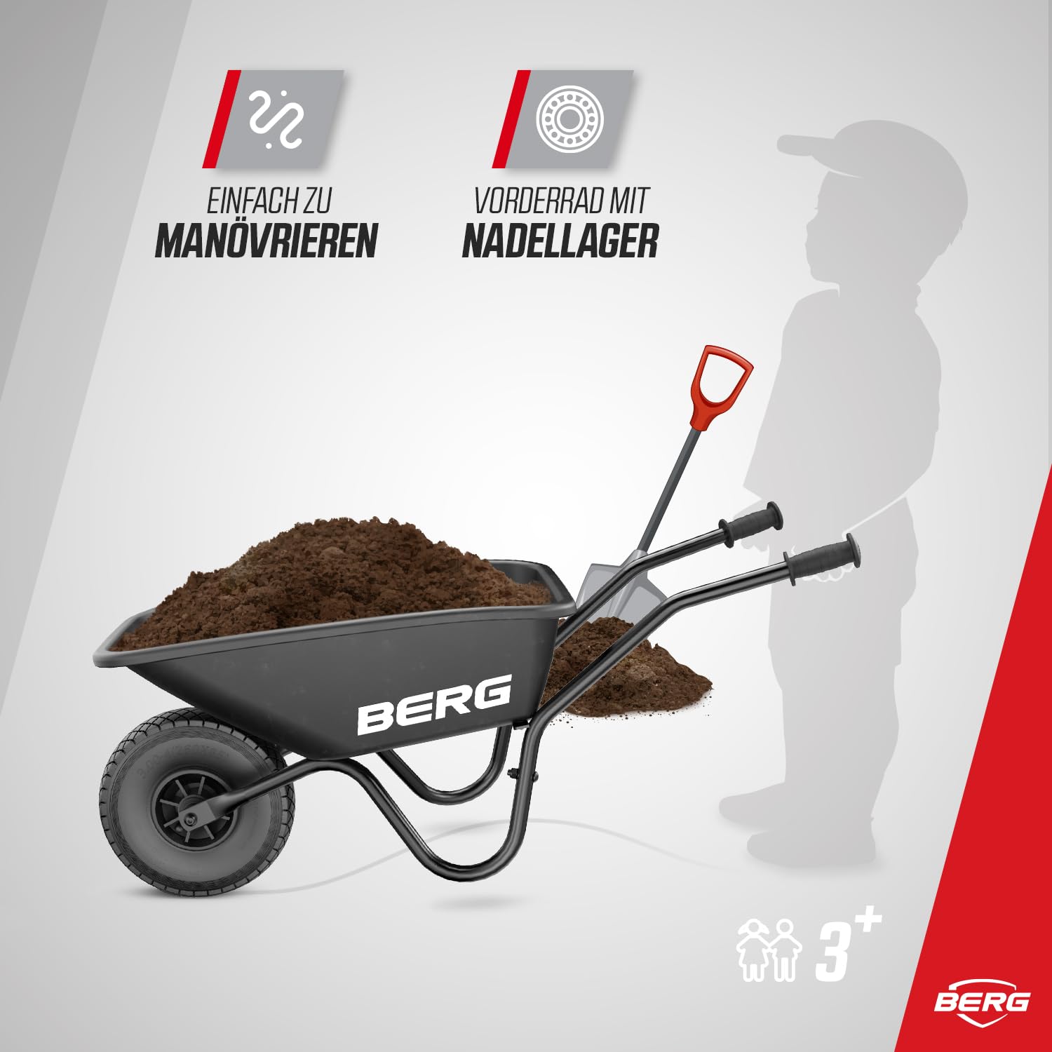BERG Dempy Schwarz Kinder Schubkarre | Garten Schubkarre | max. Gewicht 40 kg | robuste Metallkonstruktion | wetterfest | ideal für Garten & Outdoor Aktivitäten