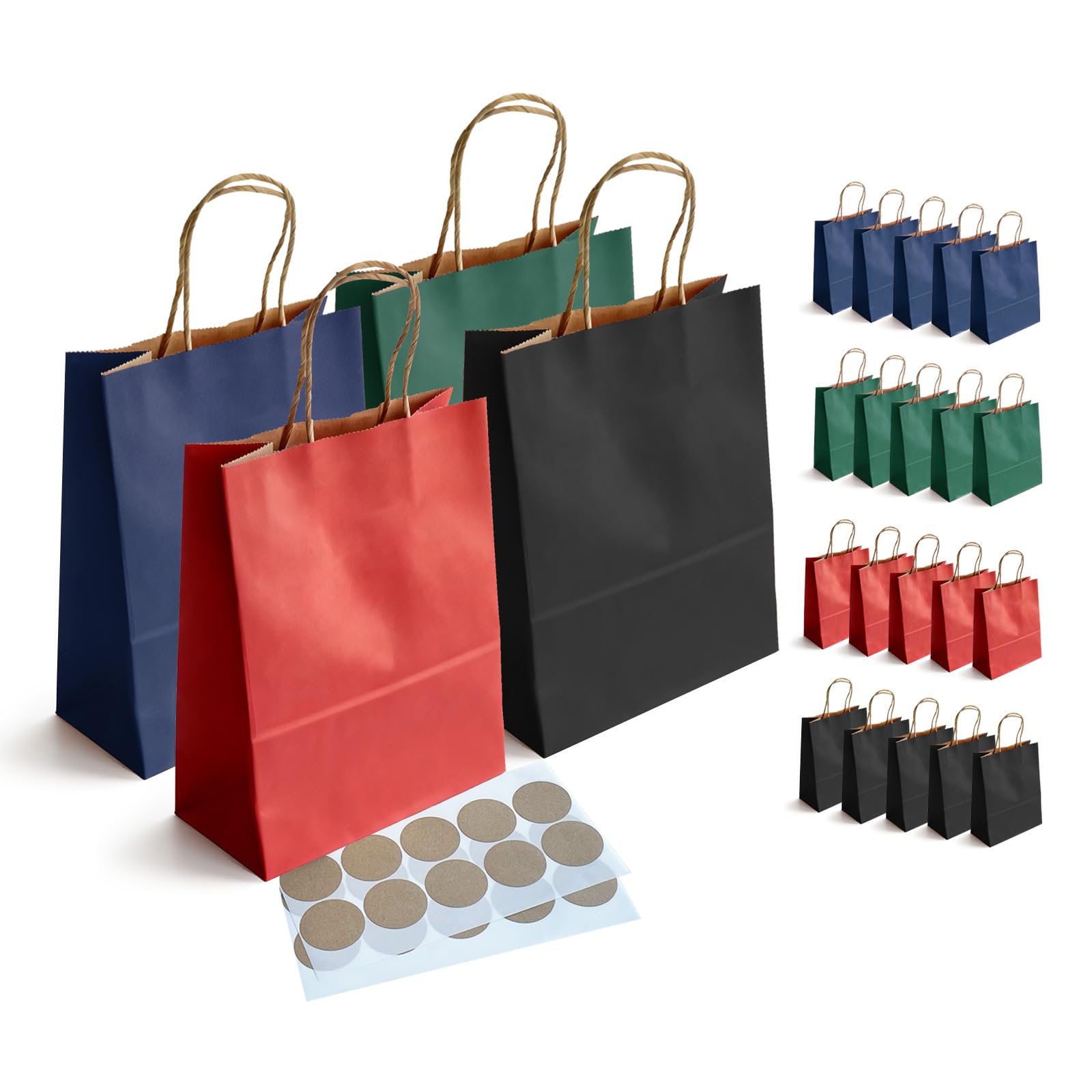 BaiMoure 20 Pack Paper Gift Bags with Handles in Mixed Colours, 150GSM Medium Kraft Bags (21x11x27cm) for Birthday Parties, School Events & Retail Packaging