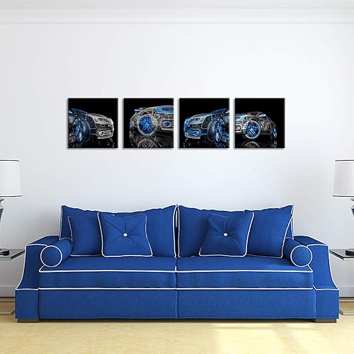 Miniatura 3 de iHAPPYWALL 4 piezas de lienzo moderno para automóvil, arte de pared negro y azul, modelo de automóvil 3D, impresión de imagen genial para