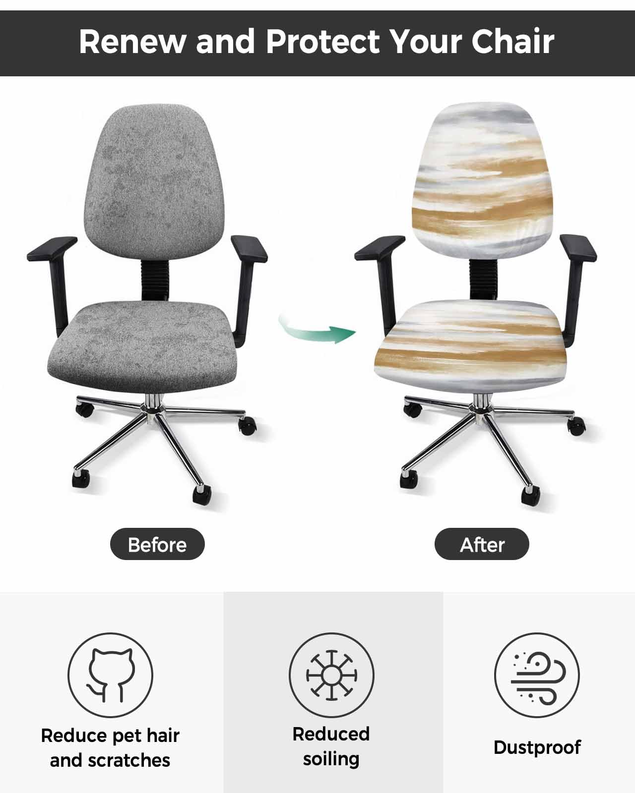 Brown Gray White 2 Pieces Computer Office Chair Covers Set,Stretchable Desk Rotating Chair Seat Cushion Slipcover Back Covers,Vintage Rustic Abstract Mottled Art Slipcover Back Cover,Protectors Cover