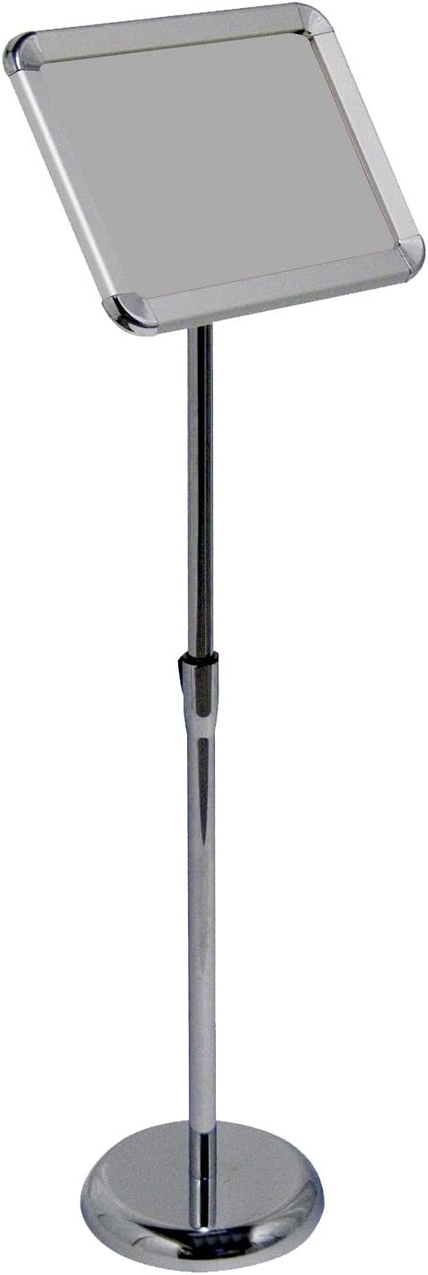 Chrome A4 8.5" x 11.75" Inch Pedestal Sign Stand Holder with Adjustable Height and Tilt & Swivel Easy Open Snap Frame and Heavy Round Base