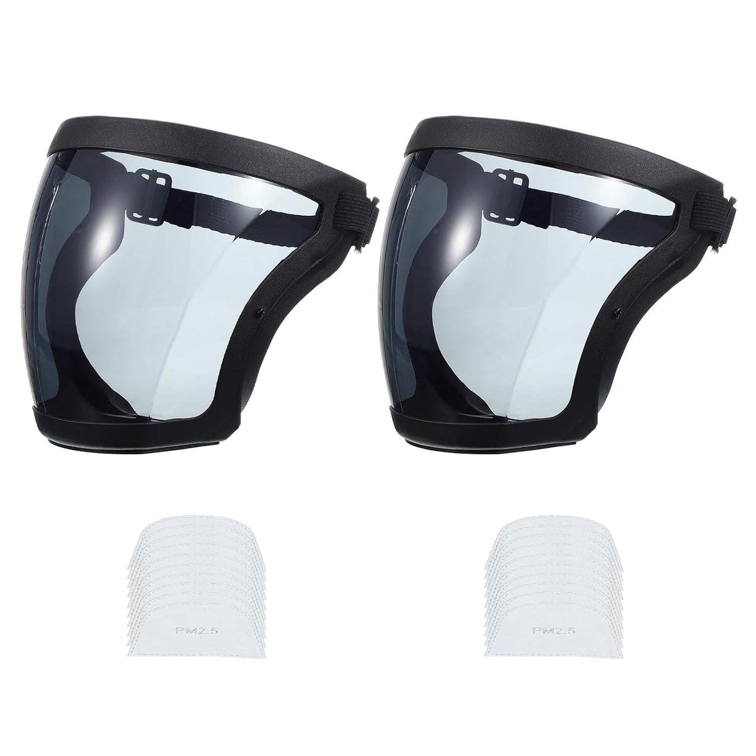 MECCANIXITY Black Full Safety Face Shields, Anti Fogging Full Safety Face Protection Transparent Face Shield with Adjustable Band & 2Pcs Grey Lens & 20Pcs Filter Gaskets