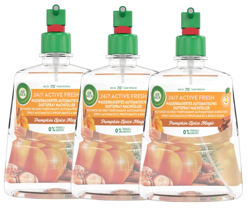 Air Wick Active Fresh – Aeorosolfreier, automatischer Lufterfrischer – Raumduft Pumkin Spice Magic – 3 x 228 ml Nachfüller