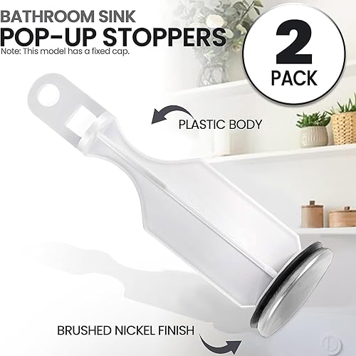 Miniatura 4 de Paquete de 2 tapones emergentes para lavabo de baño, con acabado de níquel cepillado, se adapta a la mayoría de tapones emergentes, diseño de tapa