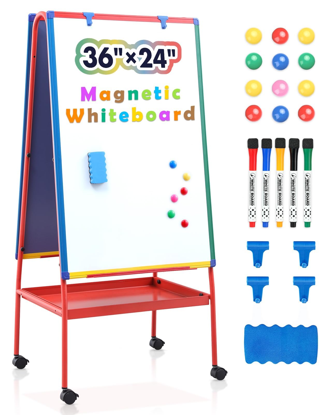 Mobile Dry Erase Board with Stand - 64.4" H Double Sided Portable Rolling Whiteboard Kids Easel for Classroom,Height Adjustable Magnetic White Board on Wheels for Home,School,36x24 inches